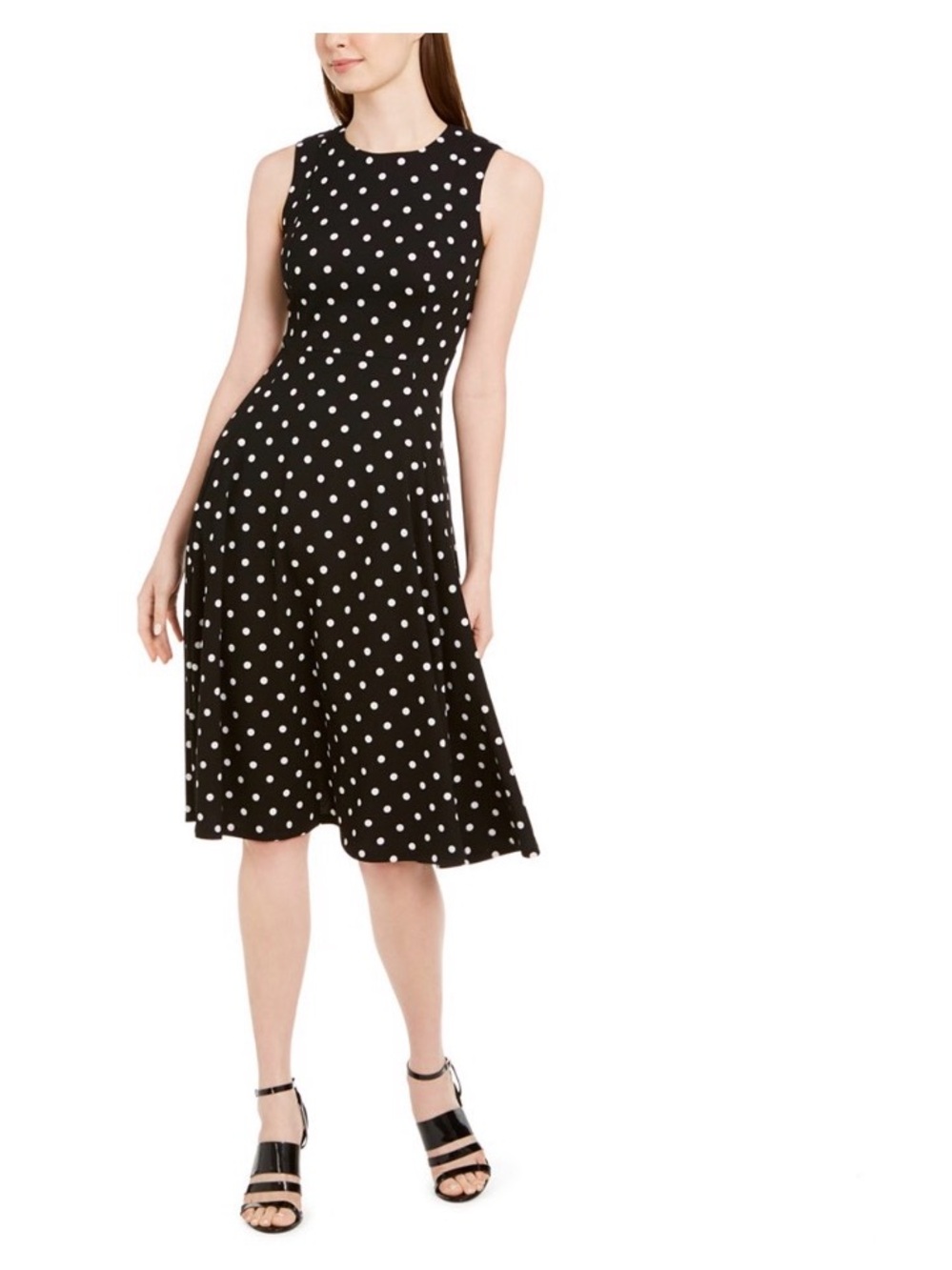 Calvin Klein Black Dress with White Polka Dots - Sleeveless Midi